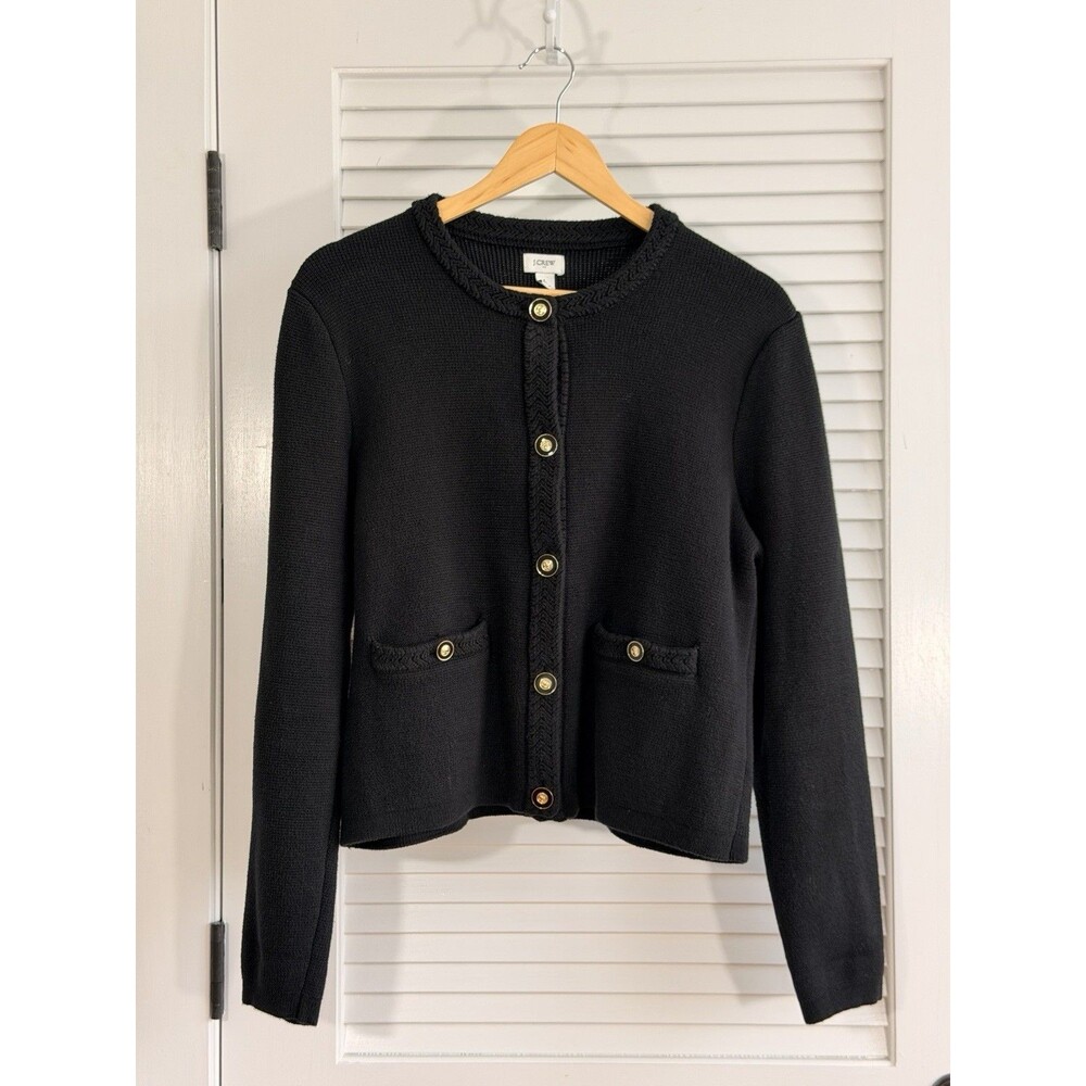 J.Crew Women’s L Black Cotton Cardigan Sweater Gold Crest Buttons Braided Trim